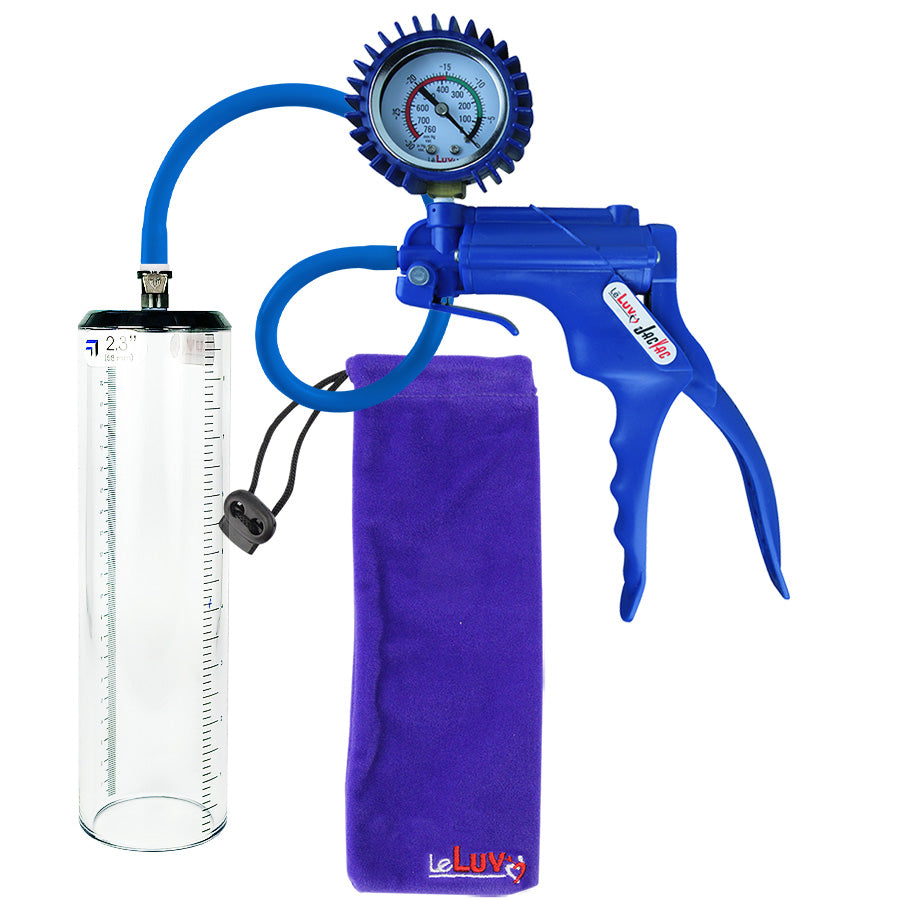 Jacvac Penis Pump | Blue NPT Handle + Protected Gauge, Silicone Hose | 9" x 2.3" Thick-Walled Penis Cylinder