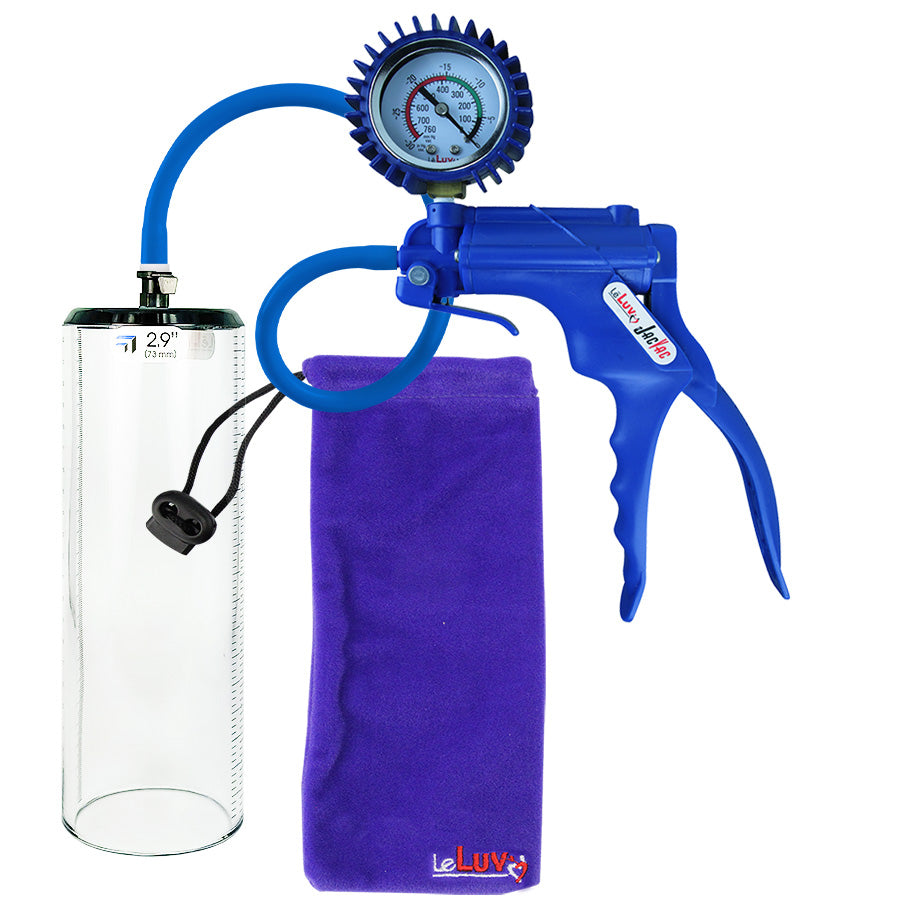 Jacvac Penis Pump | Blue NPT Handle + Protected Gauge, Silicone Hose | 9" x 2.9" Thick-Walled Penis Cylinder