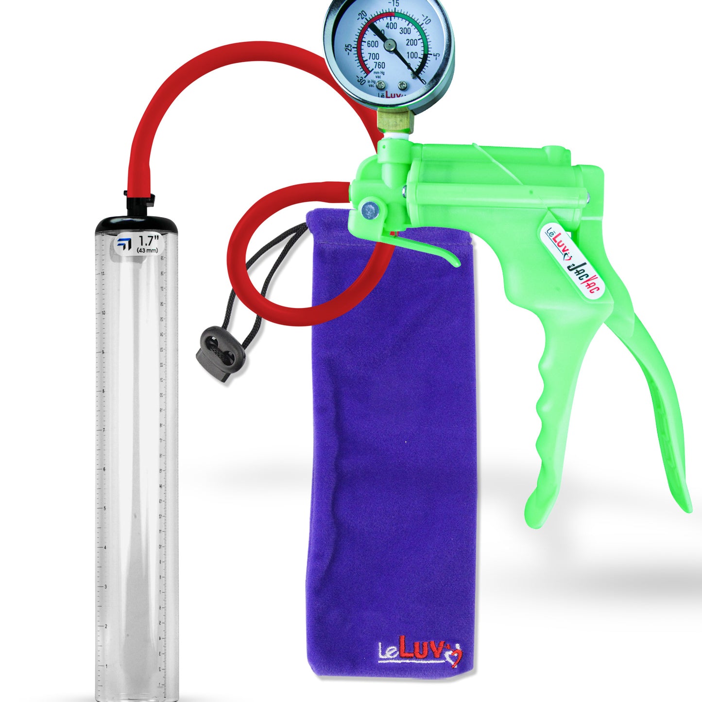 Jacvac Penis Pump | Green NPT Handle + Gauge, Silicone Hose | 12" x 1.7" Thick-Walled Penis Cylinder