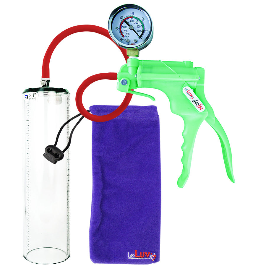 Jacvac Penis Pump | Green NPT Handle + Gauge, Silicone Hose | 12" x 3.1" Thick-Walled Penis Cylinder