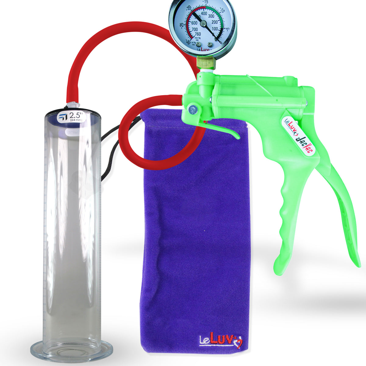 Jacvac Penis Pump | Green NPT Handle + Gauge, Silicone Hose | 12" x 2.50" Wide Flange Cylinder