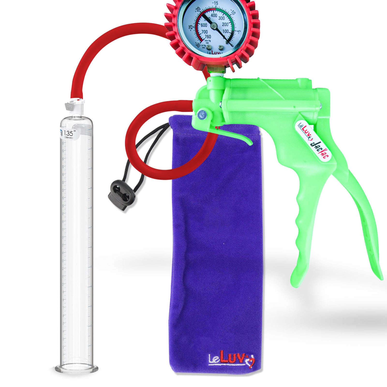 Jacvac Penis Pump | Green NPT Handle + Protected Gauge, Silicone Hose | 12" x 1.35" Round Flange Cylinder 