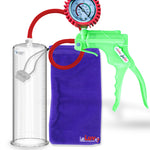 Jacvac Penis Pump | Green NPT Handle + Protected Gauge, Silicone Hose | 12" x 3.50" Round Flange Cylinder 