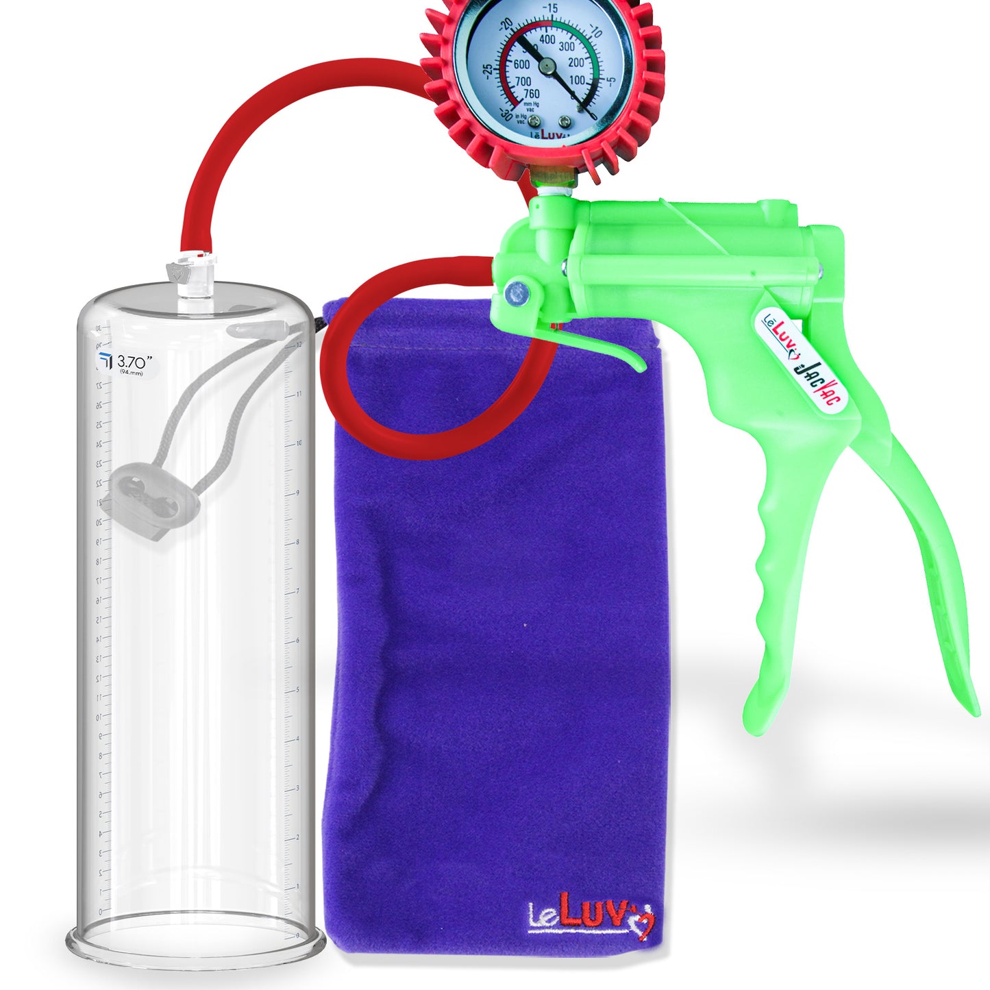 Jacvac Penis Pump | Green NPT Handle + Protected Gauge, Silicone Hose | 12" x 3.70" Round Flange Cylinder 