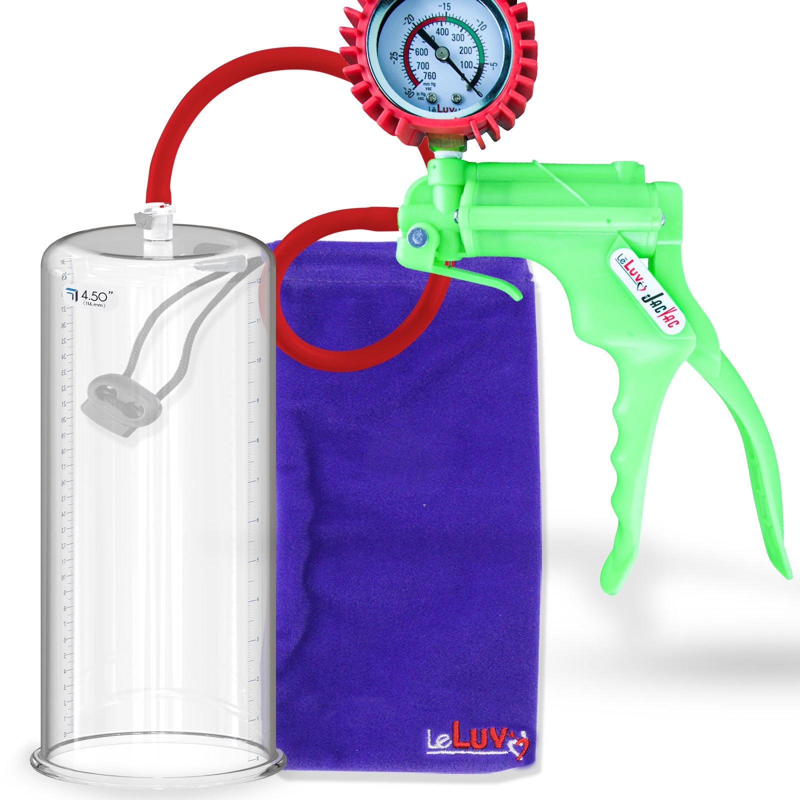 Jacvac Penis Pump | Green NPT Handle + Protected Gauge, Silicone Hose | 12" x 4.50" Round Flange Cylinder 