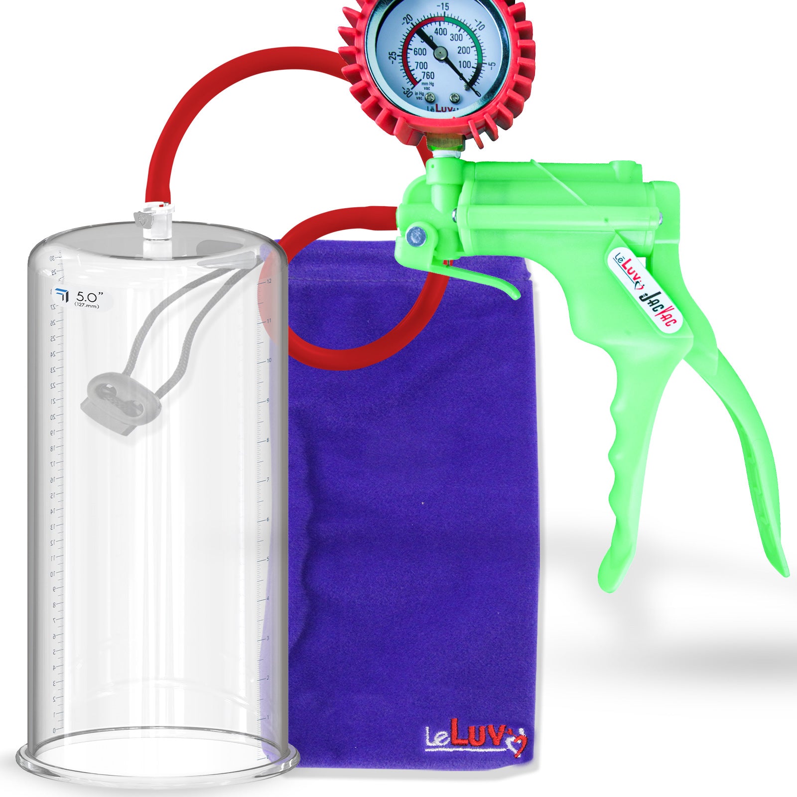 Jacvac Penis Pump | Green NPT Handle + Protected Gauge, Silicone Hose | 12" x 5.00" Round Flange Cylinder 
