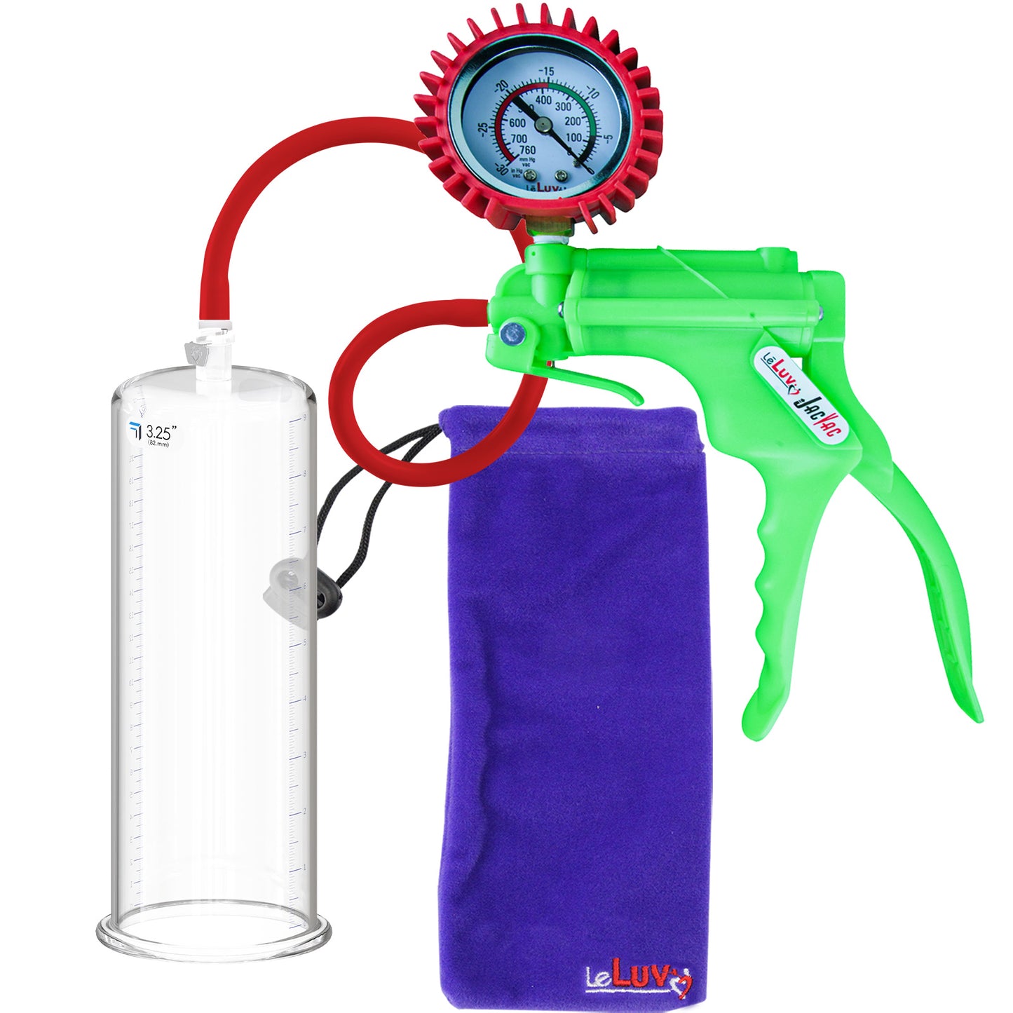 Jacvac Penis Pump | Green NPT Handle + Protected Gauge, Silicone Hose | 9" x 3.25" Round Flange Cylinder 