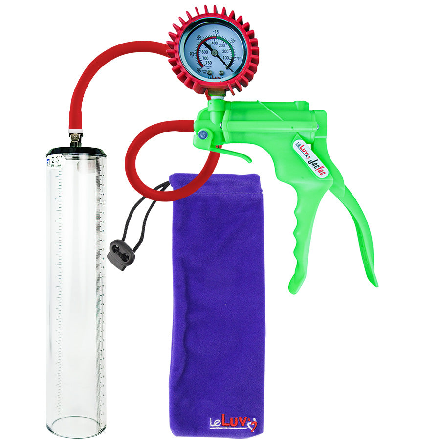 Jacvac Penis Pump | Green NPT Handle + Protected Gauge, Silicone Hose | 12" x 2.3" Thick-Walled Penis Cylinder