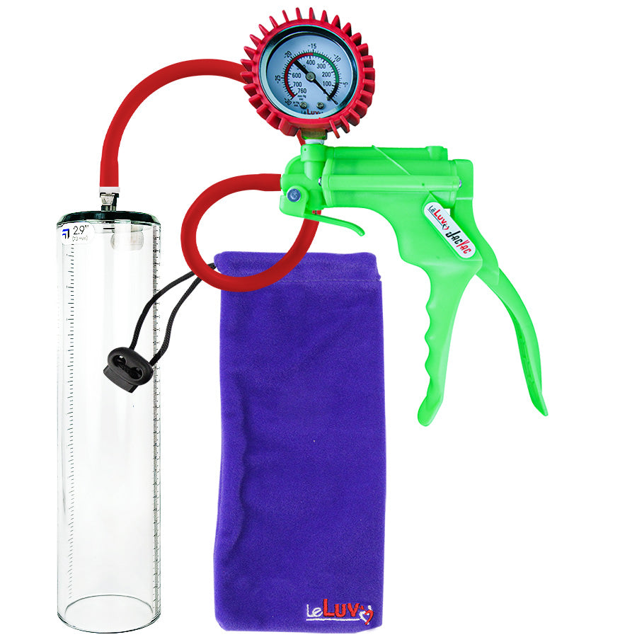 Jacvac Penis Pump | Green NPT Handle + Protected Gauge, Silicone Hose | 12" x 2.12" Thick-Walled Penis Cylinder