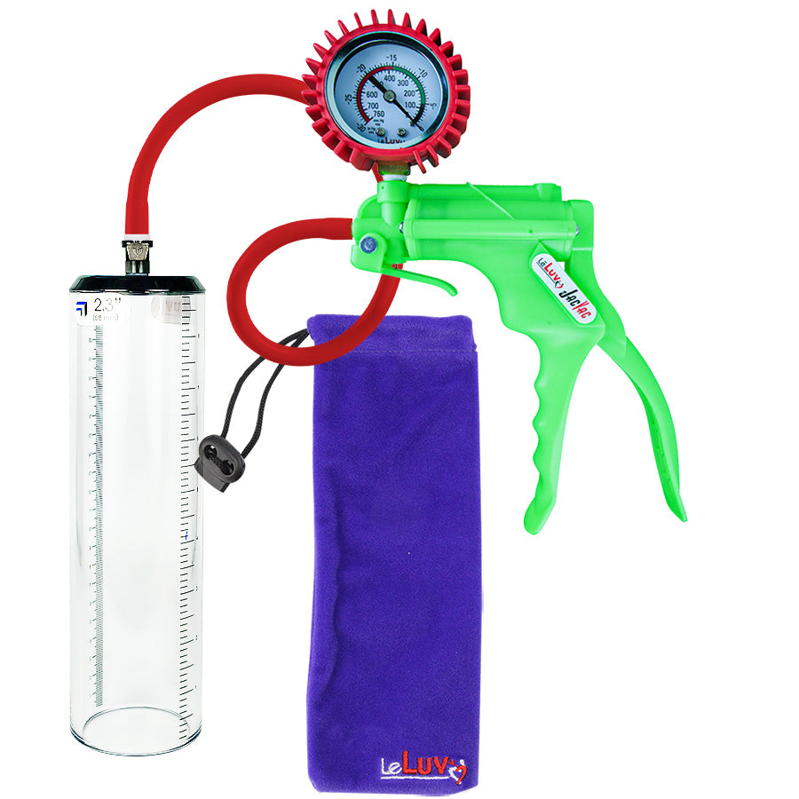 Jacvac Penis Pump | Green NPT Handle + Protected Gauge, Silicone Hose | 9" x 2.3" Thick-Walled Penis Cylinder