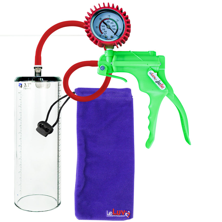 Jacvac Penis Pump | Green NPT Handle + Protected Gauge, Silicone Hose | 9" x 3.1" Thick-Walled Penis Cylinder