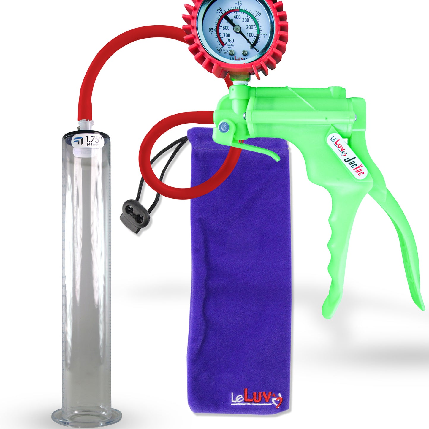 Jacvac Penis Pump | Green NPT Handle + Protected Gauge, Silicone Hose | 12" x 1.75" Wide Flange Cylinder