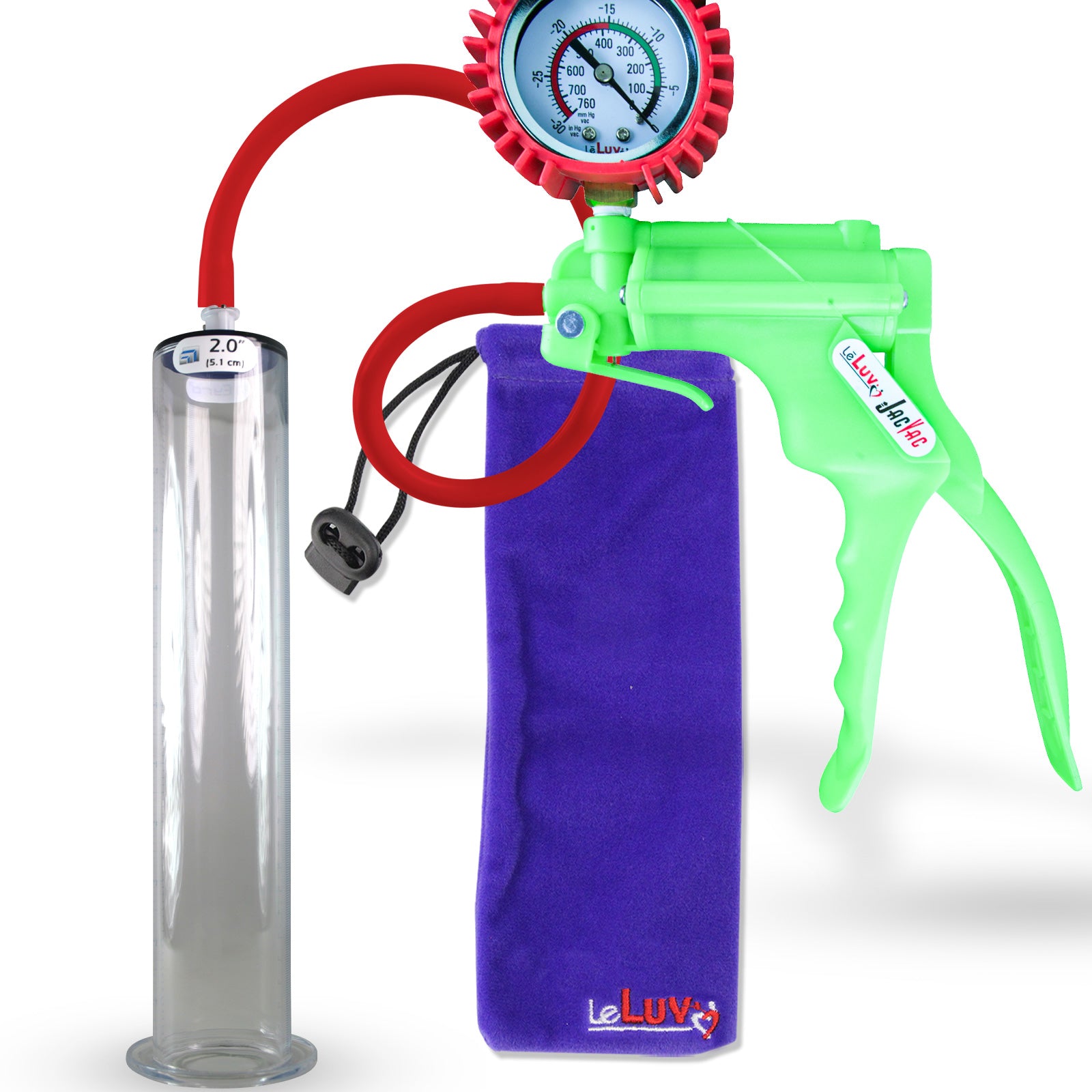 Jacvac Penis Pump | Green NPT Handle + Protected Gauge, Silicone Hose | 12" x 2.00" Wide Flange Cylinder