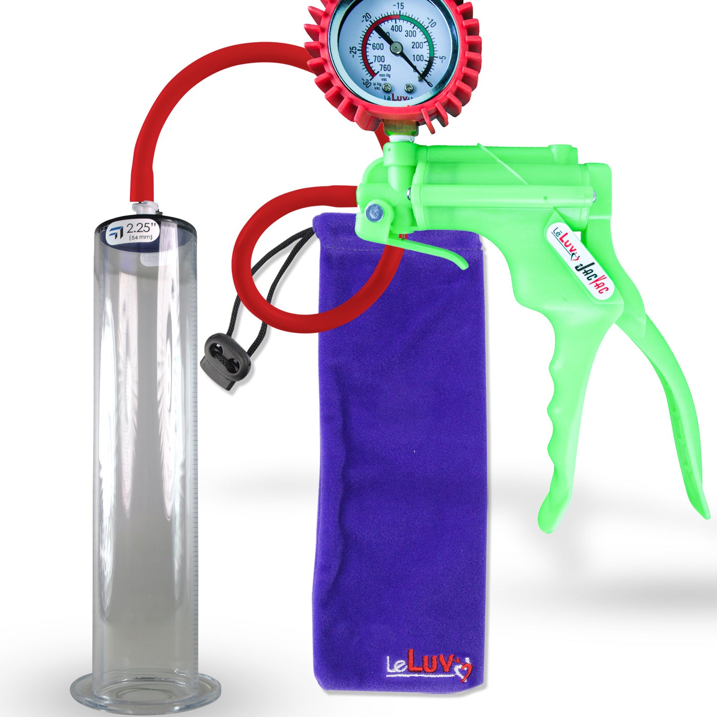 Jacvac Penis Pump | Green NPT Handle + Protected Gauge, Silicone Hose | 12" x 2.25" Wide Flange Cylinder