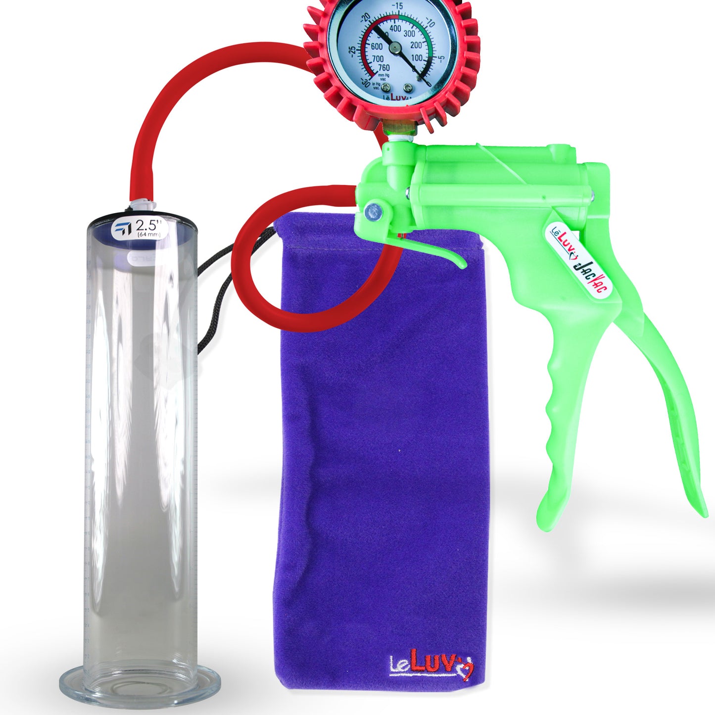 Jacvac Penis Pump | Green NPT Handle + Protected Gauge, Silicone Hose | 12" x 2.50" Wide Flange Cylinder