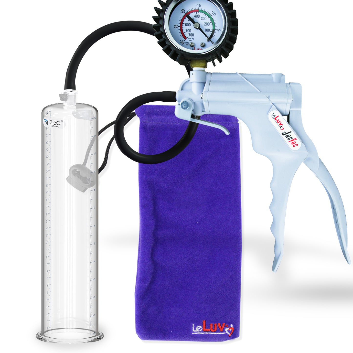 Jacvac Penis Pump | Grey NPT Handle + Protected Gauge, Silicone Hose | 12" x 2.50" Round Flange Cylinder 