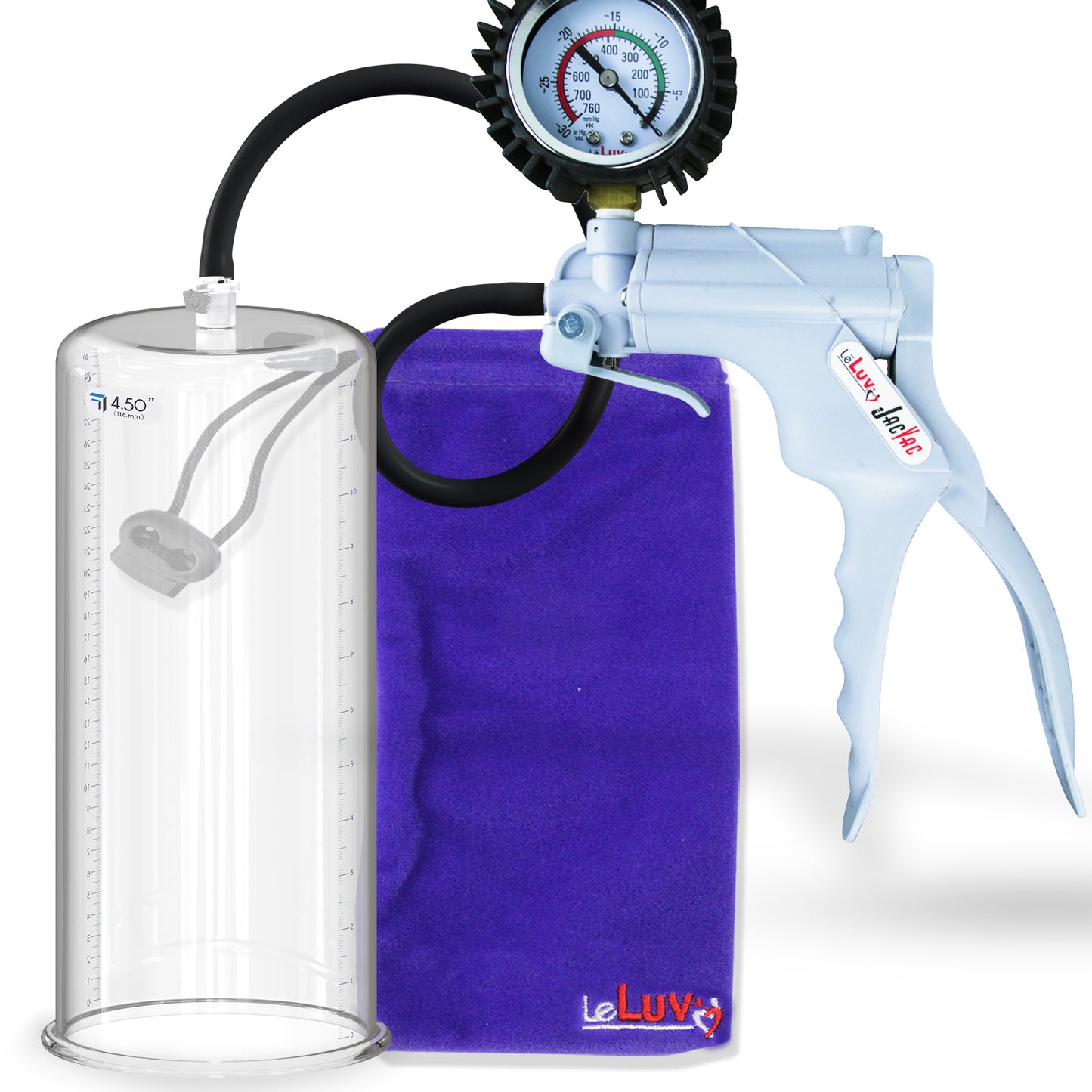 Jacvac Penis Pump | Grey NPT Handle + Protected Gauge, Silicone Hose | 12" x 4.50" Round Flange Cylinder 