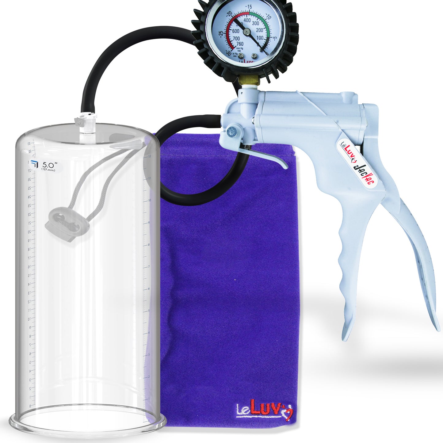 Jacvac Penis Pump | Grey NPT Handle + Protected Gauge, Silicone Hose | 12" x 5.00" Round Flange Cylinder 