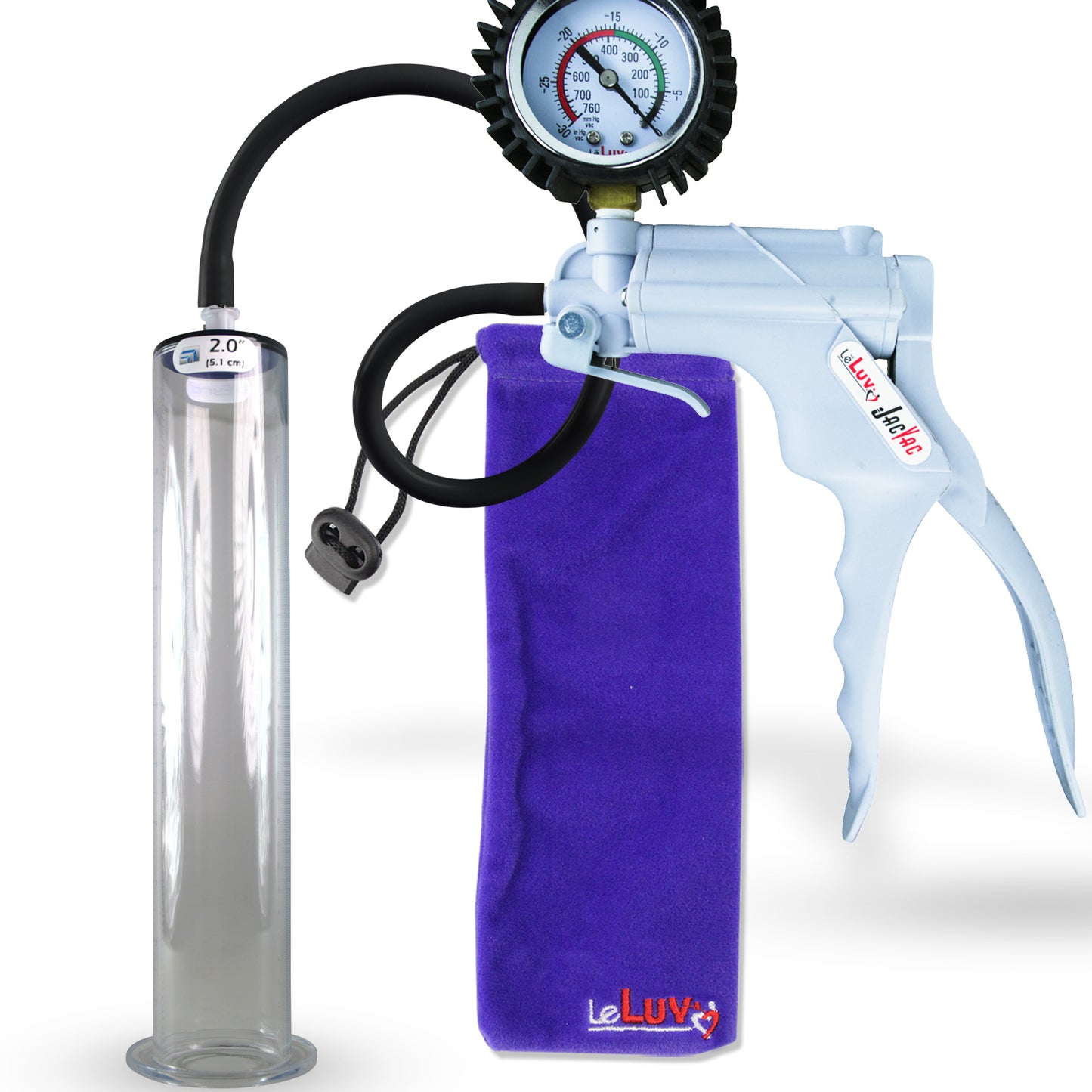 Jacvac Penis Pump | Grey NPT Handle + Protected Gauge, Silicone Hose | 12" x 2.00" Wide Flange Cylinder