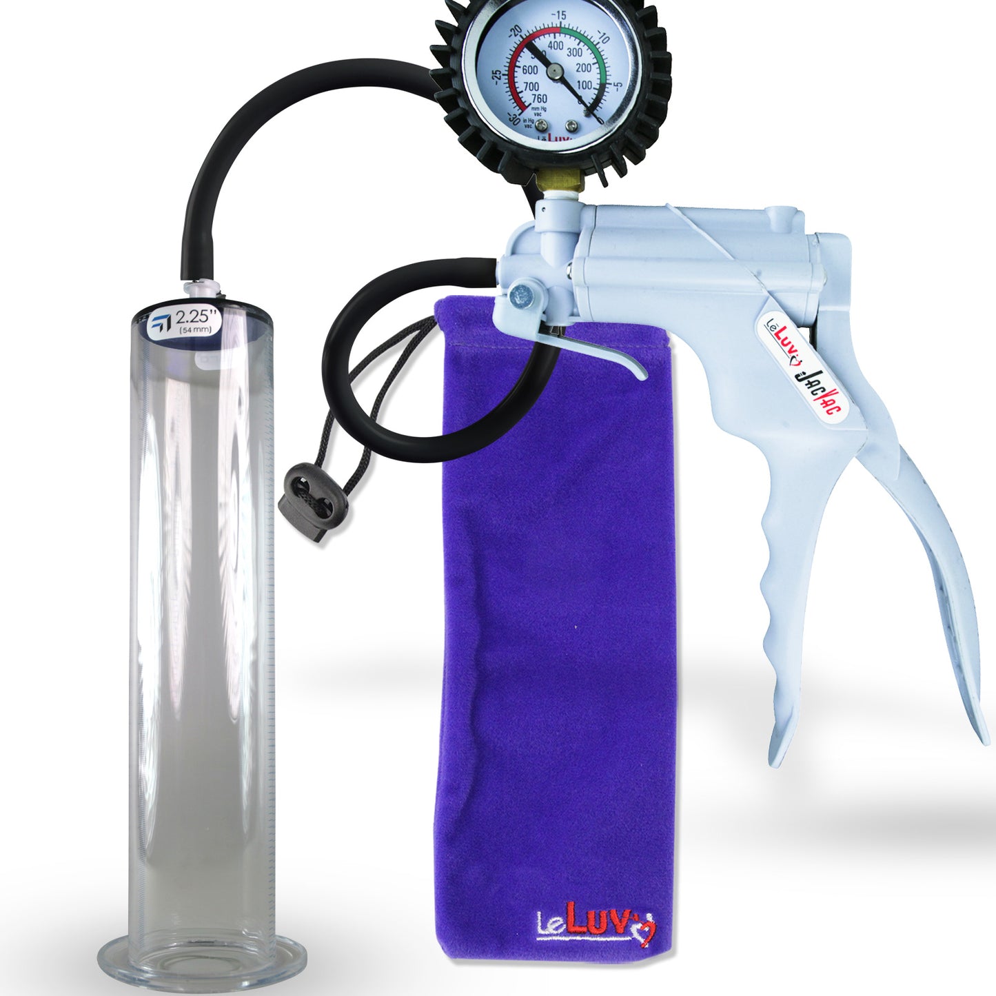 Jacvac Penis Pump | Grey NPT Handle + Protected Gauge, Silicone Hose | 12" x 2.25" Wide Flange Cylinder