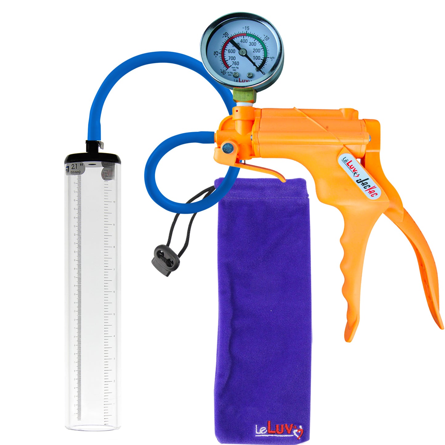 Jacvac Penis Pump | Orange NPT Handle + Gauge, Silicone Hose | 12" x 2.1" Thick-Walled Penis Cylinder