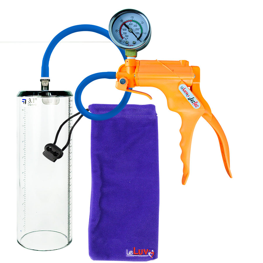 Jacvac Penis Pump | Orange NPT Handle + Gauge, Silicone Hose | 9" x 3.1" Thick-Walled Penis Cylinder