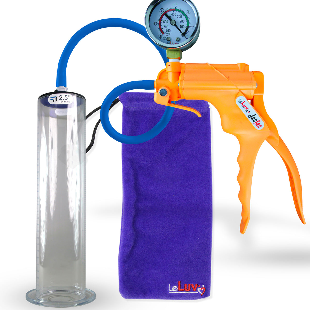 Jacvac Penis Pump | Orange NPT Handle + Gauge, Silicone Hose | 12" x 2.50" Wide Flange Cylinder