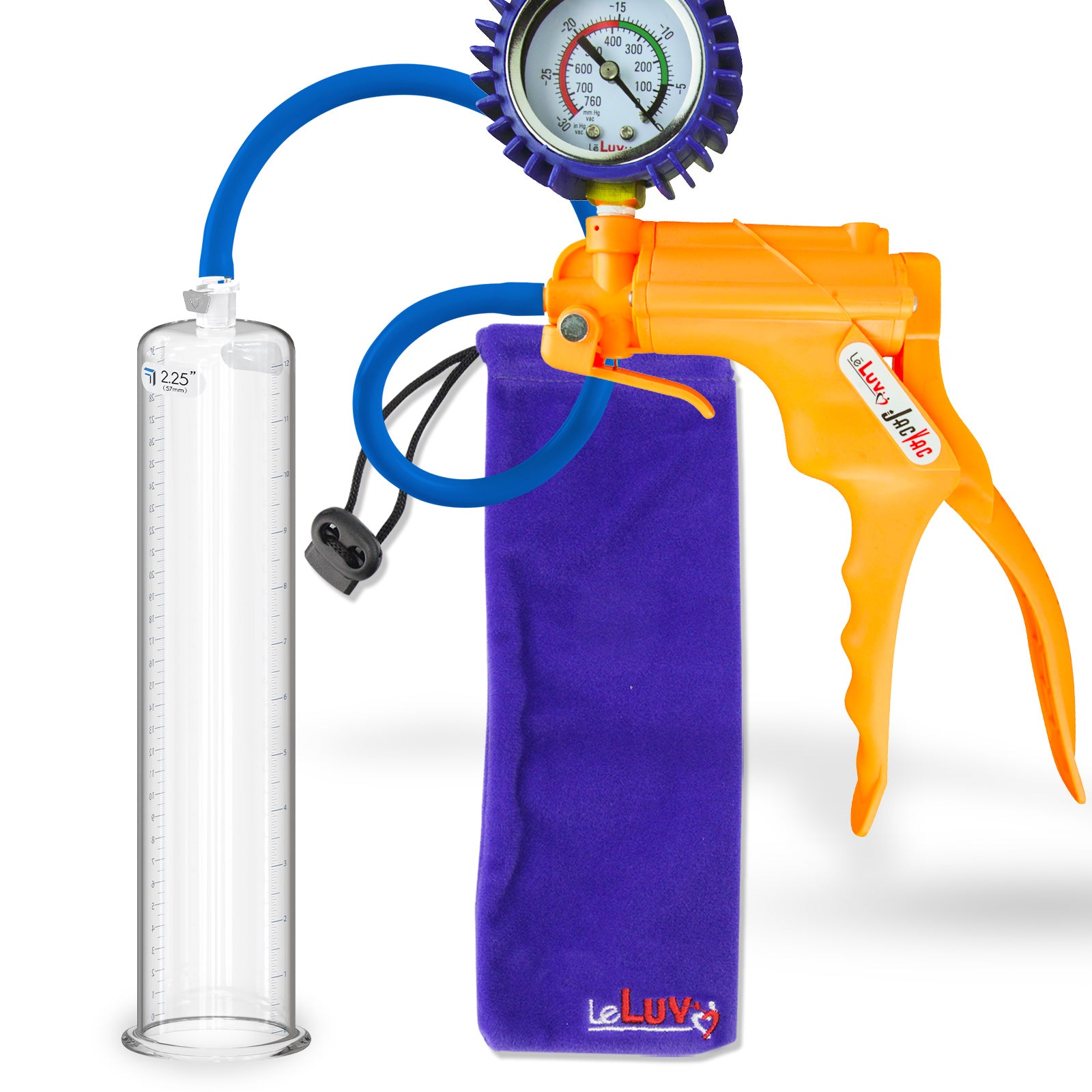 Jacvac Penis Pump | Orange NPT Handle + Protected Gauge, Silicone Hose | 12" x 2.25" Round Flange Cylinder 