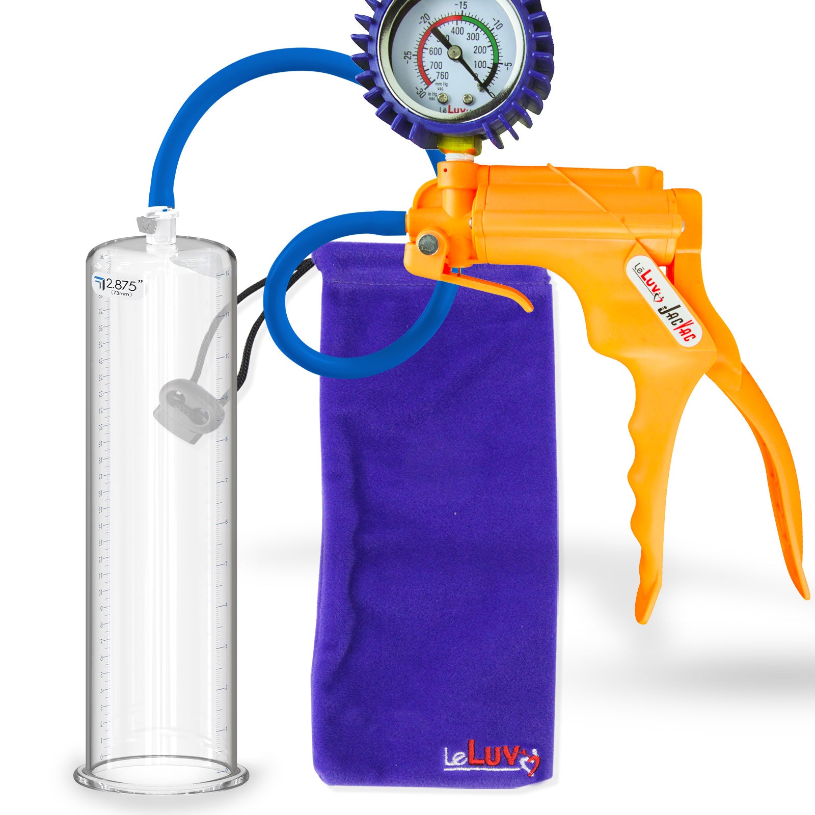 Jacvac Penis Pump | Orange NPT Handle + Protected Gauge, Silicone Hose | 12" x 2.875" Round Flange Cylinder 