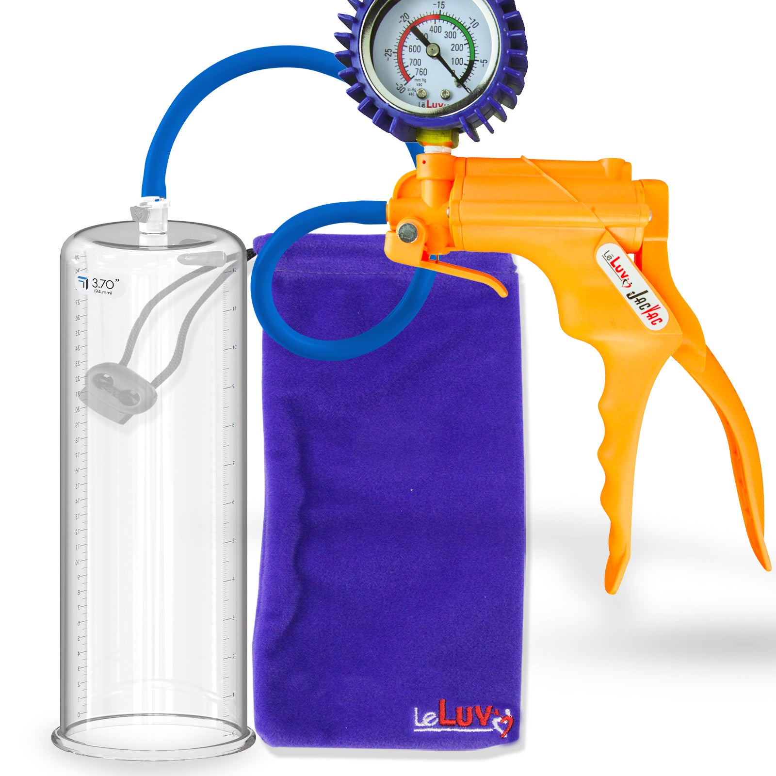 Jacvac Penis Pump | Orange NPT Handle + Protected Gauge, Silicone Hose | 12" x 3.70" Round Flange Cylinder 