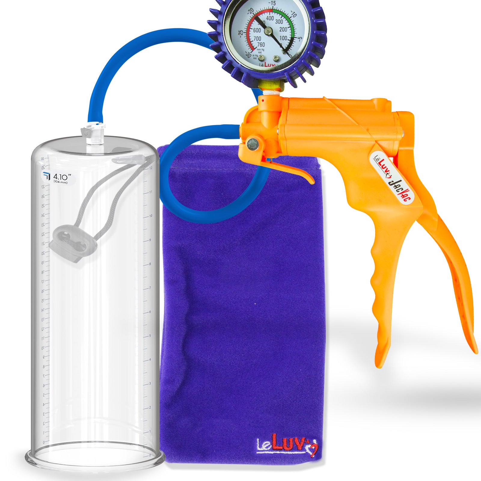 Jacvac Penis Pump | Orange NPT Handle + Protected Gauge, Silicone Hose | 12" x 4.10" Round Flange Cylinder 