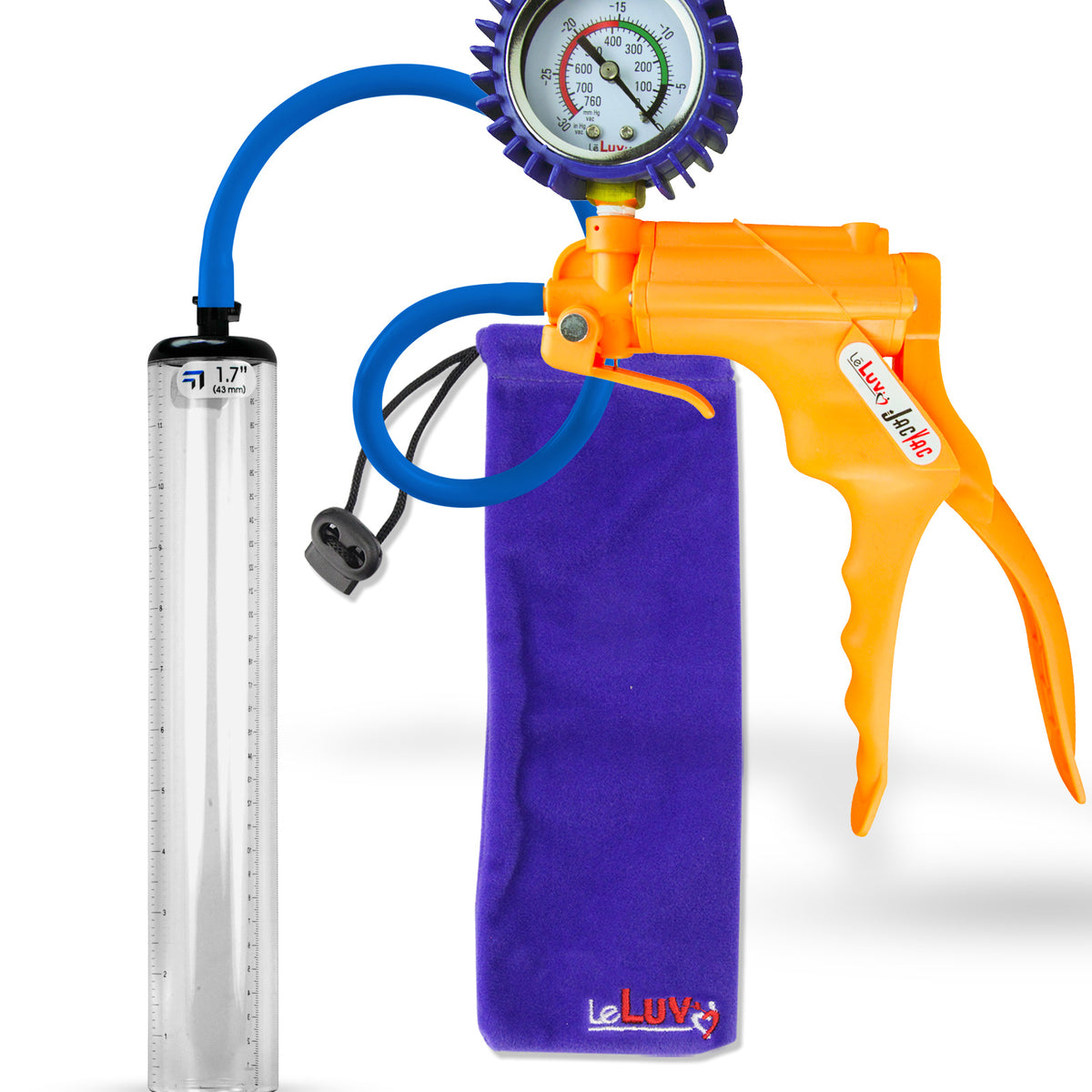Jacvac Penis Pump | Orange NPT Handle + Protected Gauge, Silicone Hose | 12" x 1.7" Thick-Walled Penis Cylinder