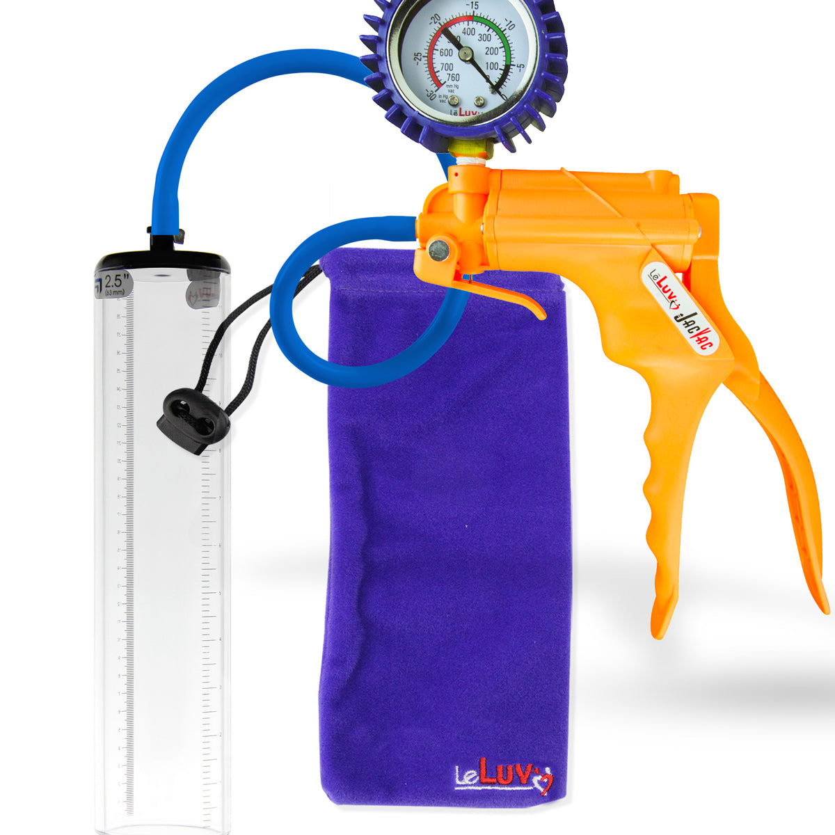 Jacvac Penis Pump | Orange NPT Handle + Protected Gauge, Silicone Hose | 12" x 2.5" Thick-Walled Penis Cylinder