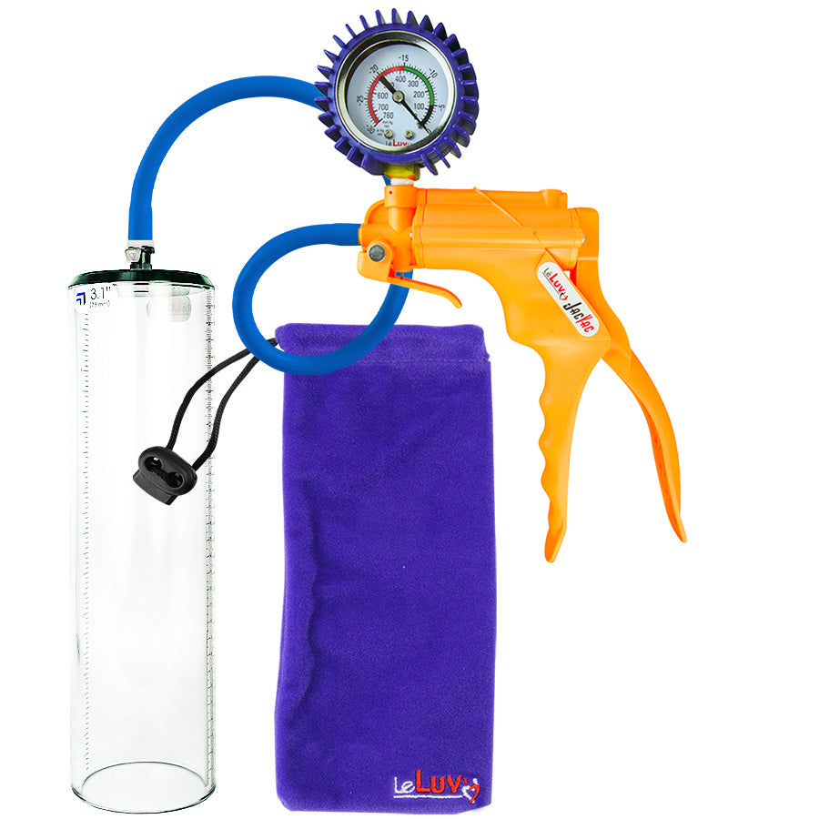 Jacvac Penis Pump | Orange NPT Handle + Protected Gauge, Silicone Hose | 12" x 3.1" Thick-Walled Penis Cylinder