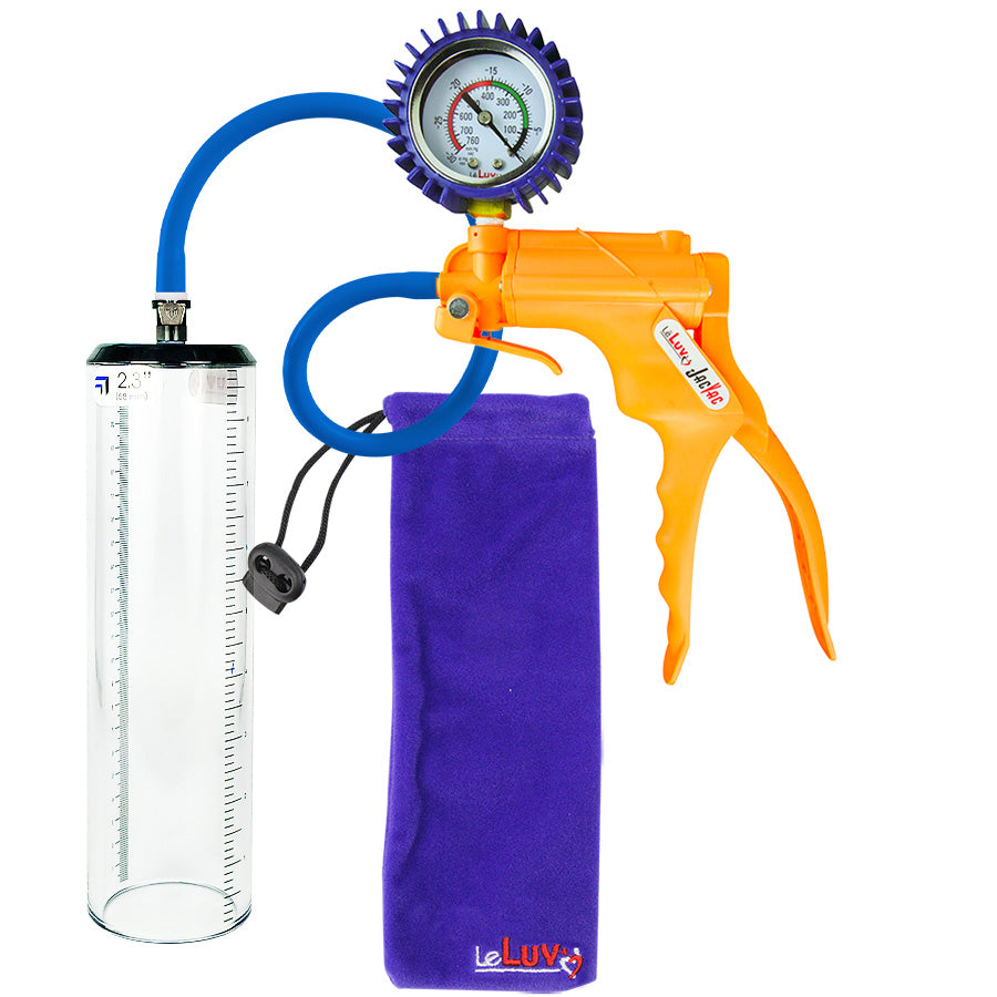 Jacvac Penis Pump | Orange NPT Handle + Protected Gauge, Silicone Hose | 9" x 2.3" Thick-Walled Penis Cylinder
