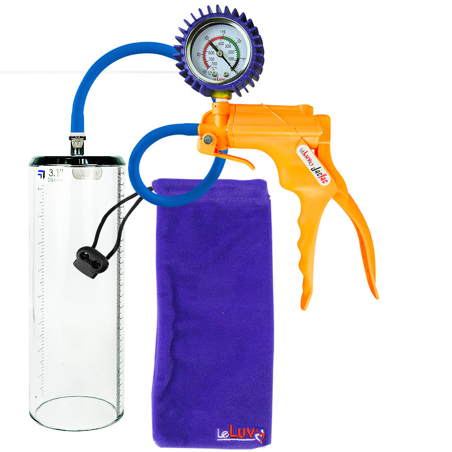 Jacvac Penis Pump | Orange NPT Handle + Protected Gauge, Silicone Hose | 9" x 3.1" Thick-Walled Penis Cylinder