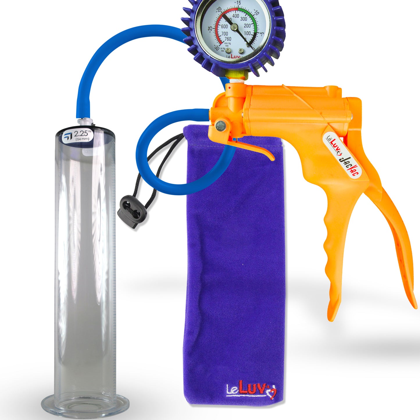 Jacvac Penis Pump | Orange NPT Handle + Protected Gauge, Silicone Hose | 12" x 2.25" Wide Flange Cylinder