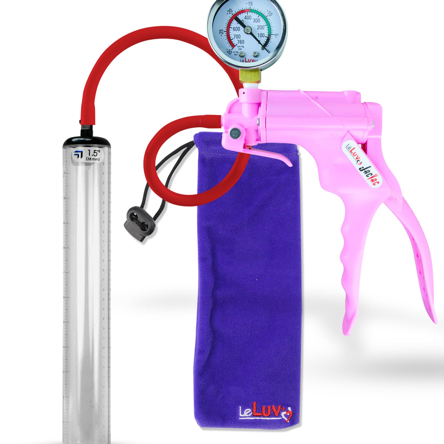 Jacvac Penis Pump | Pink NPT Handle + Gauge, Silicone Hose | 12" x 1.5" Thick-Walled Penis Cylinder