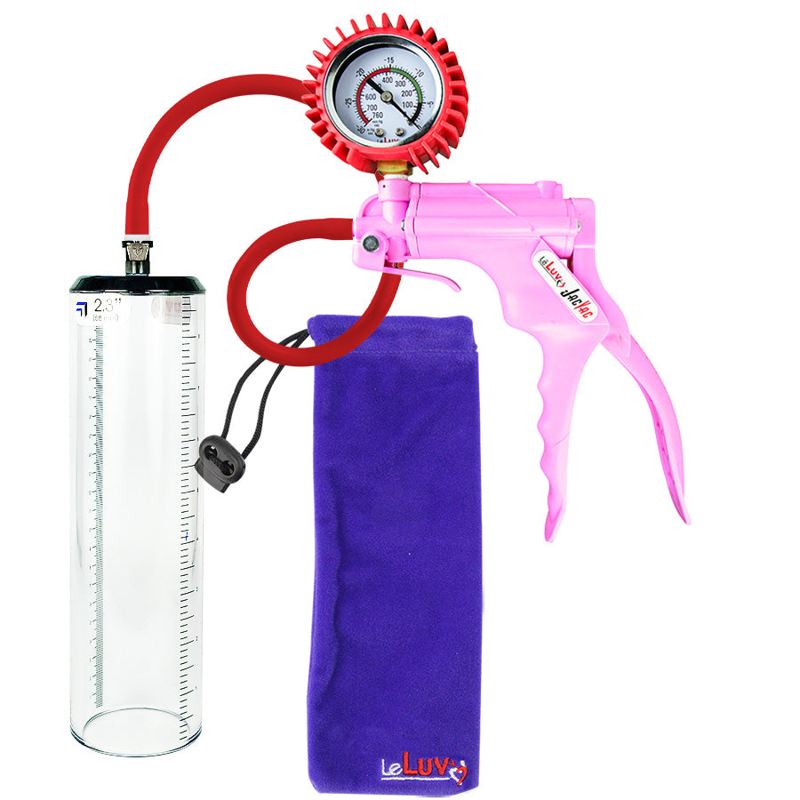 Jacvac Penis Pump | Pink NPT Handle + Protected Gauge, Silicone Hose | 9" x 2.3" Thick-Walled Penis Cylinder