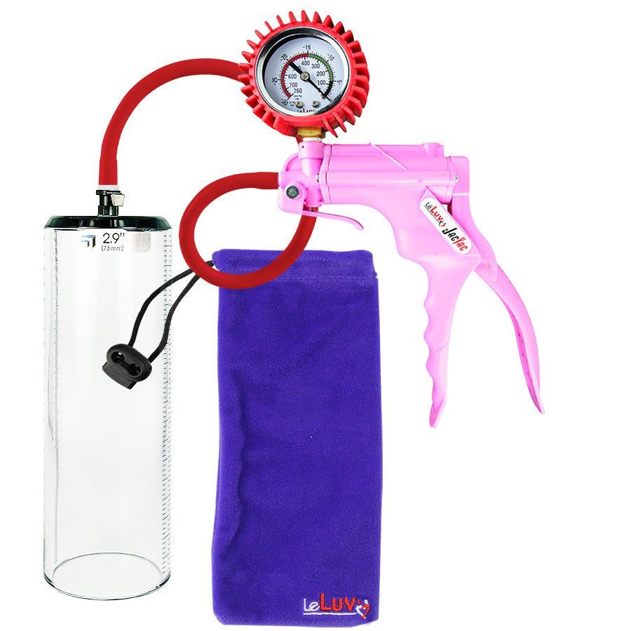 Jacvac Penis Pump | Pink NPT Handle + Protected Gauge, Silicone Hose | 9" x 2.9" Thick-Walled Penis Cylinder