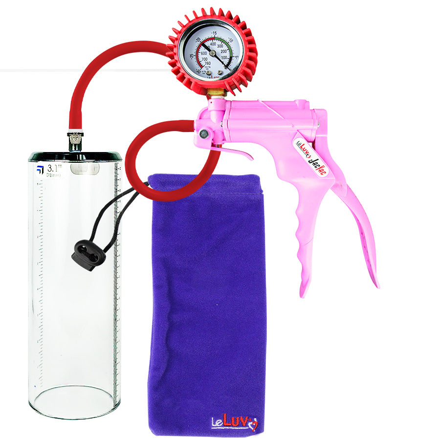 Jacvac Penis Pump | Pink NPT Handle + Protected Gauge, Silicone Hose | 9" x 3.1" Thick-Walled Penis Cylinder