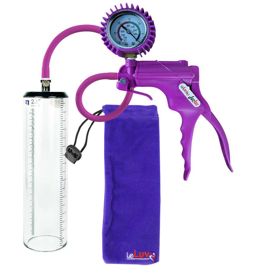 Jacvac Penis Pump | Purple NPT Handle + Protected Gauge, Silicone Hose | 9" x 2.3" Thick-Walled Penis Cylinder