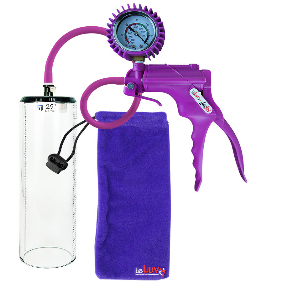 Jacvac Penis Pump | Purple NPT Handle + Protected Gauge, Silicone Hose | 9" x 2.9" Thick-Walled Penis Cylinder