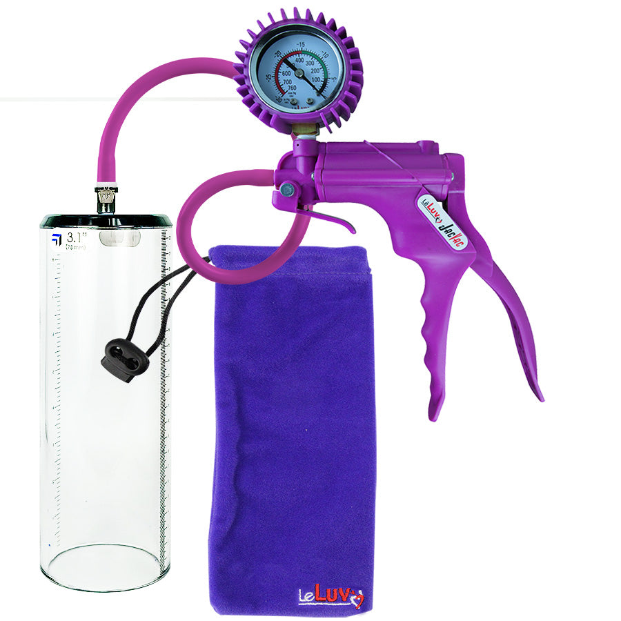 Jacvac Penis Pump | Purple NPT Handle + Protected Gauge, Silicone Hose | 9" x 3.1" Thick-Walled Penis Cylinder