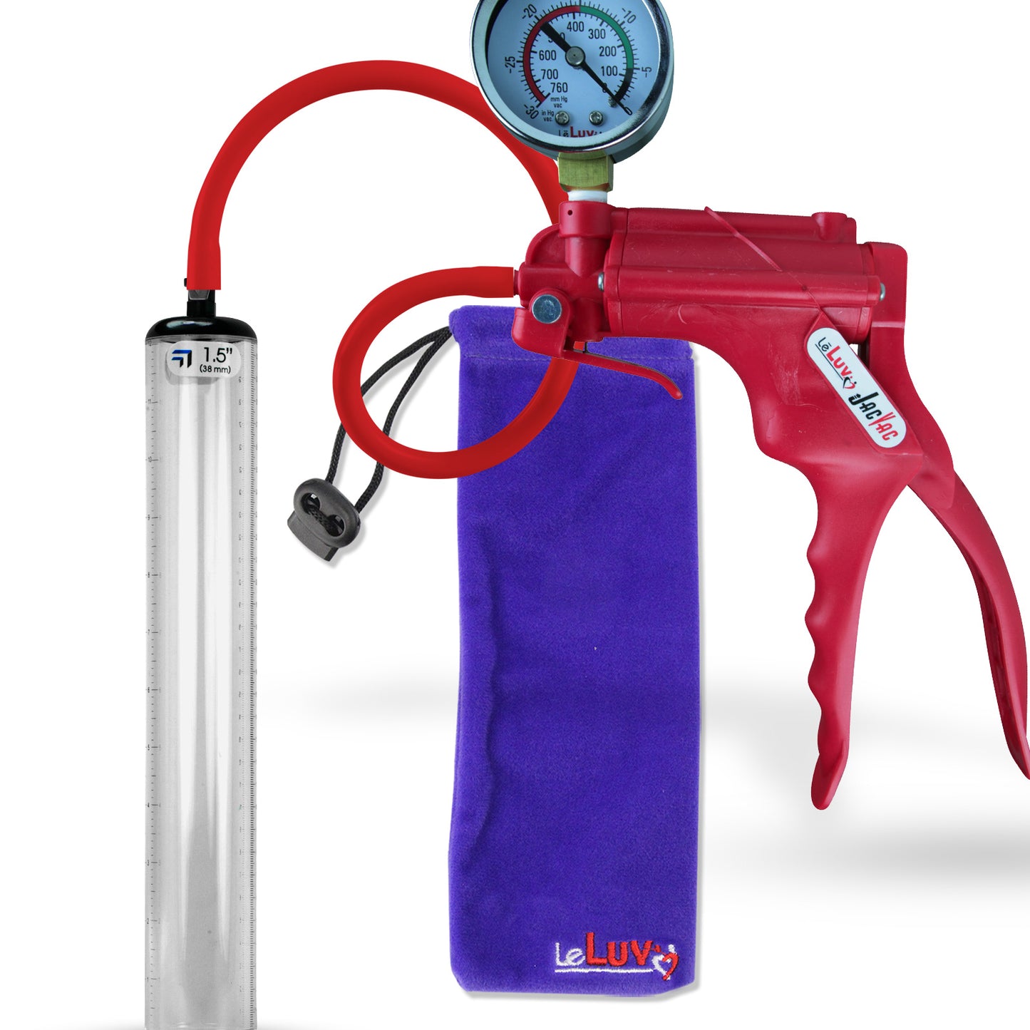 Jacvac Penis Pump | Red NPT Handle + Gauge, Silicone Hose | 12" x 1.5" Thick-Walled Penis Cylinder