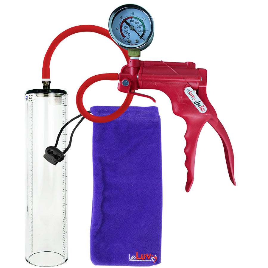 Jacvac Penis Pump | Red NPT Handle + Gauge, Silicone Hose | 12" x 2.7" Thick-Walled Penis Cylinder