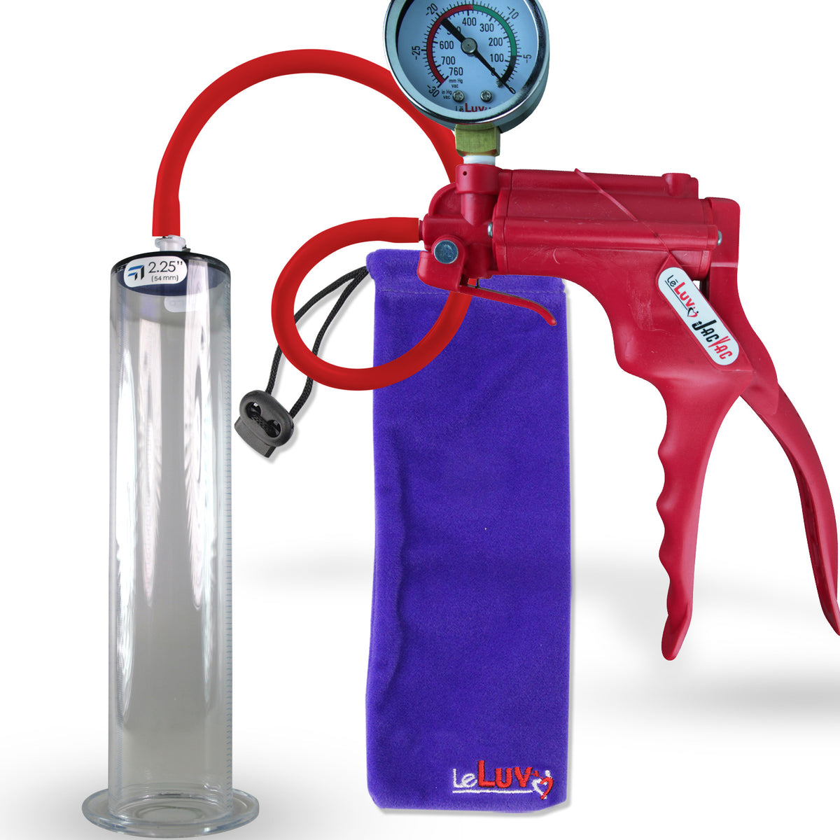 Jacvac Penis Pump | Red NPT Handle + Gauge, Silicone Hose | 12" x 2.25" Wide Flange Cylinder