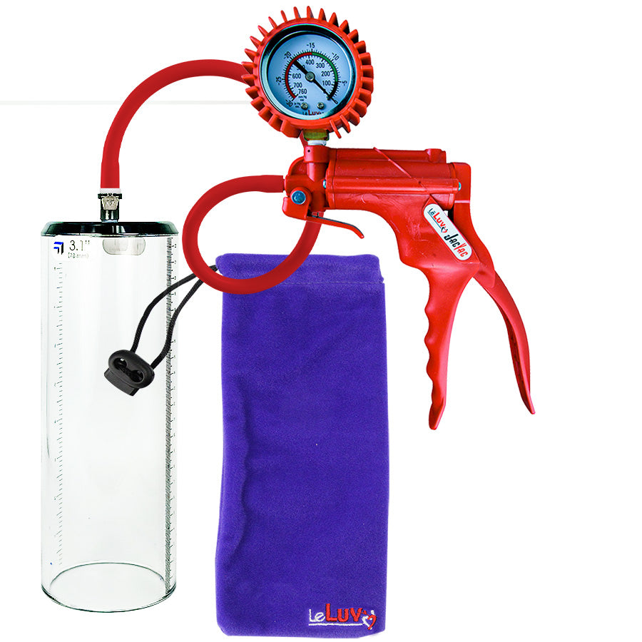 Jacvac Penis Pump | Red NPT Handle + Protected Gauge, Silicone Hose | 9" x 3.1" Thick-Walled Penis Cylinder
