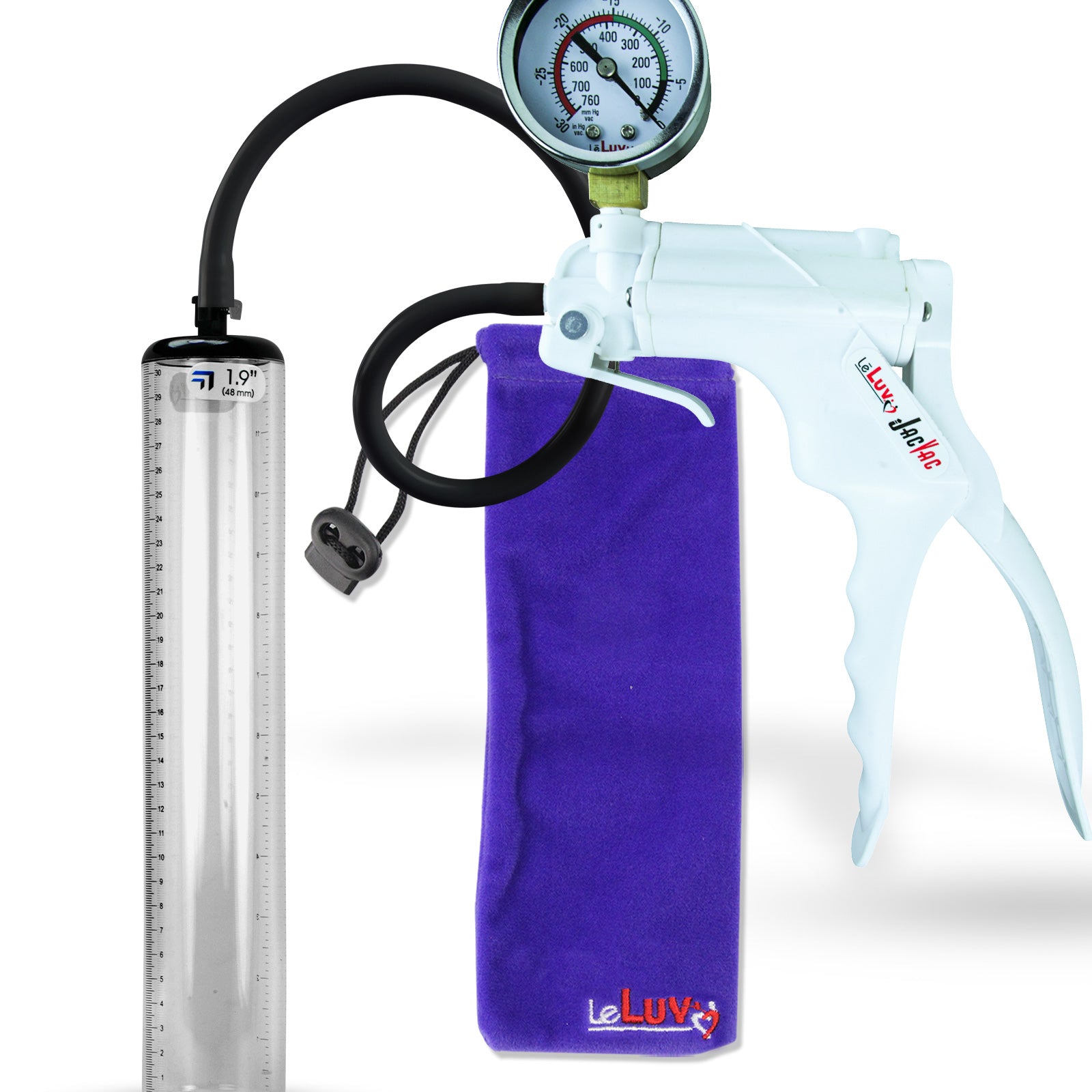 Jacvac Penis Pump | White NPT Handle + Gauge, Black Hose | 12" x 1.12" Thick-Walled Penis Cylinder