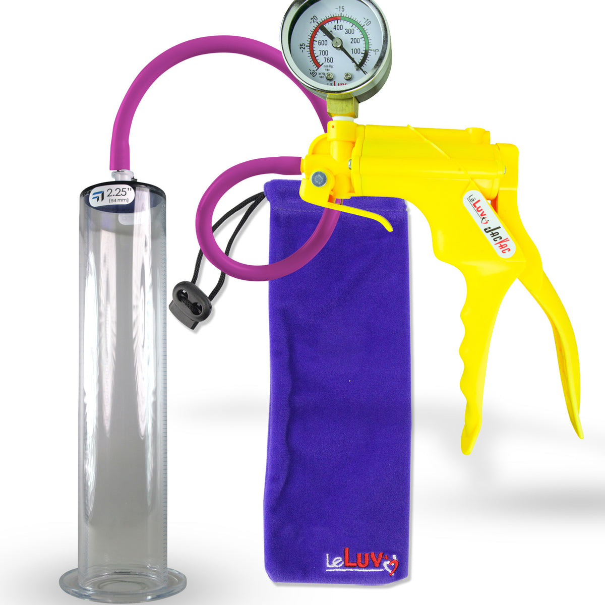 Jacvac Penis Pump | Yellow NPT Handle + Gauge, Silicone Hose | 12" x 2.25" Wide Flange Cylinder